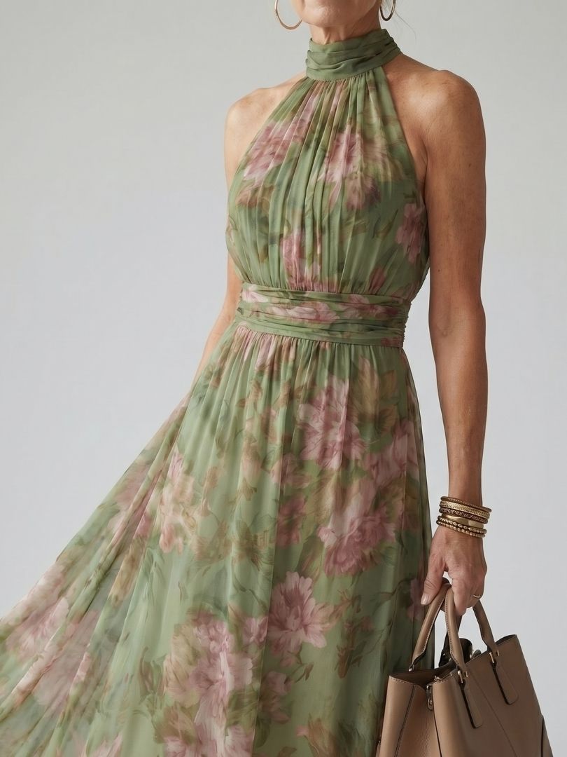 Mirelle | Geplooide Halter Midi Jurk