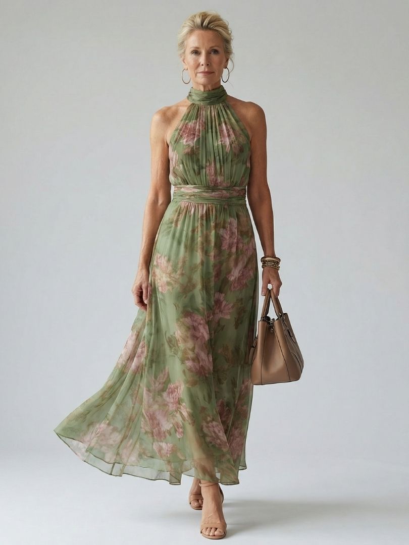 Mirelle | Geplooide Halter Midi Jurk