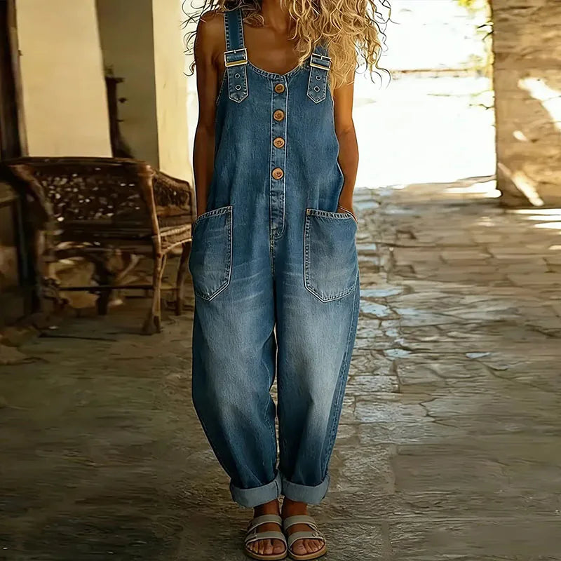 Mara - Vintage Zachte Katoenen Denim-Look Overalls met Verstelbare Bandjes