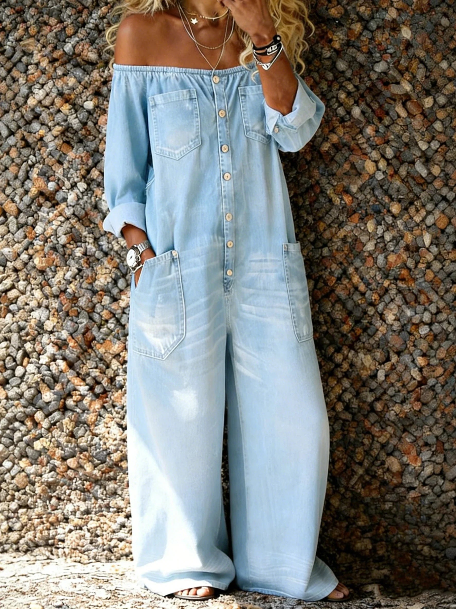 Noa | Denim Jumpsuit met Off-Shoulder Halslijn