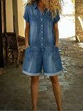 Elvora | Denim Playsuit met Kraag en Korte Mouwen