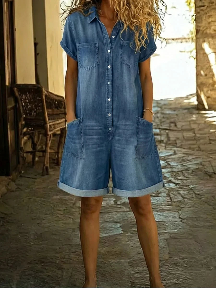 Elvora | Denim Playsuit met Kraag en Korte Mouwen