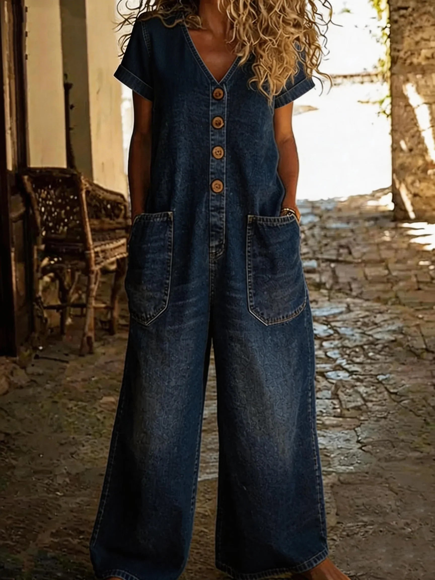 Denise | Denim Jumpsuit met V-hals en Korte Mouwen