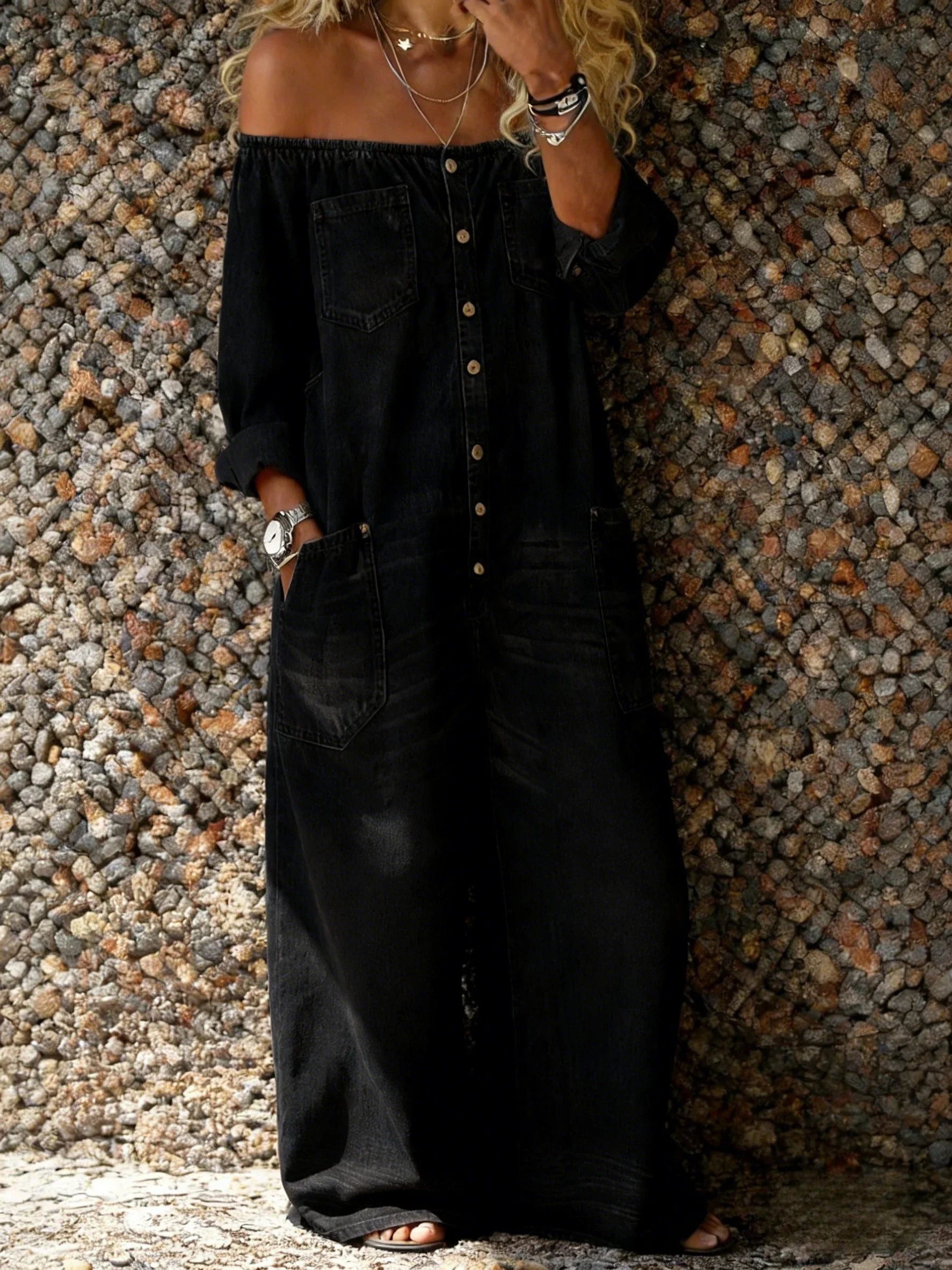 Noa | Denim Jumpsuit met Off-Shoulder Halslijn