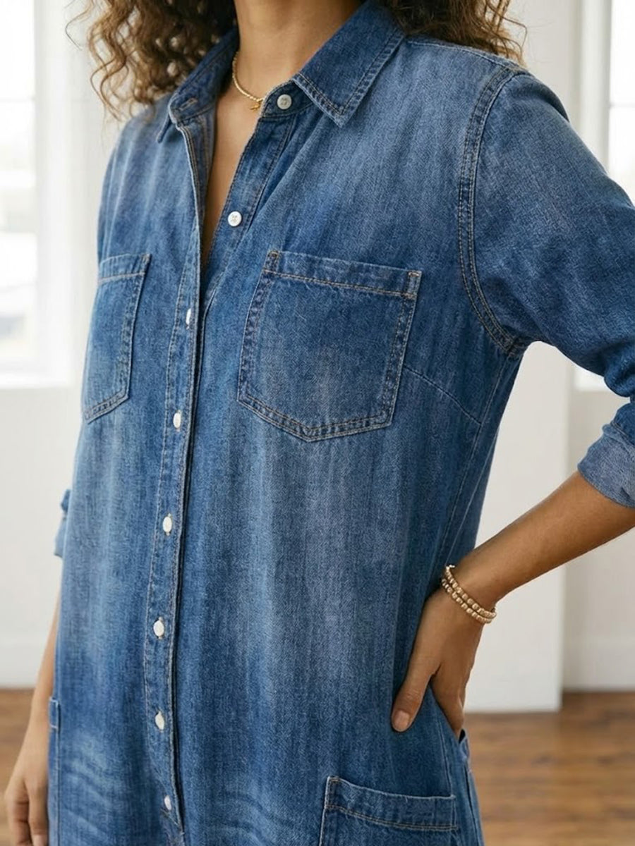 Saylor - Vintage Gewassen Zachte Katoenen Denim Jumpsuit met Knopsluiting