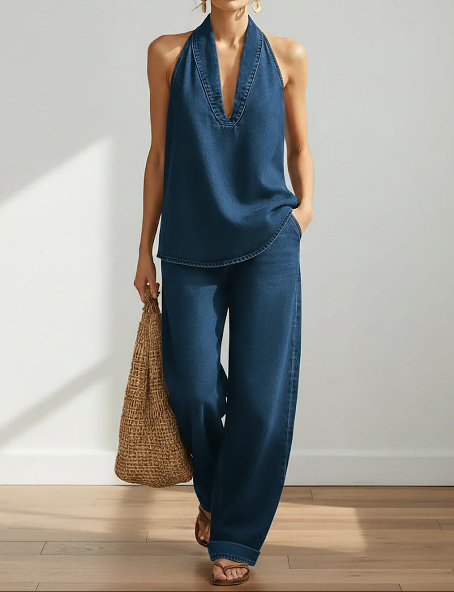 Saylor - Vintage Gewassen Zachte Denim-Look Twee-Delige Set