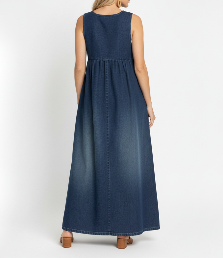 Miranda - Vintage Gewassen Zachte Katoen Voelen Denim Maxi Jurk