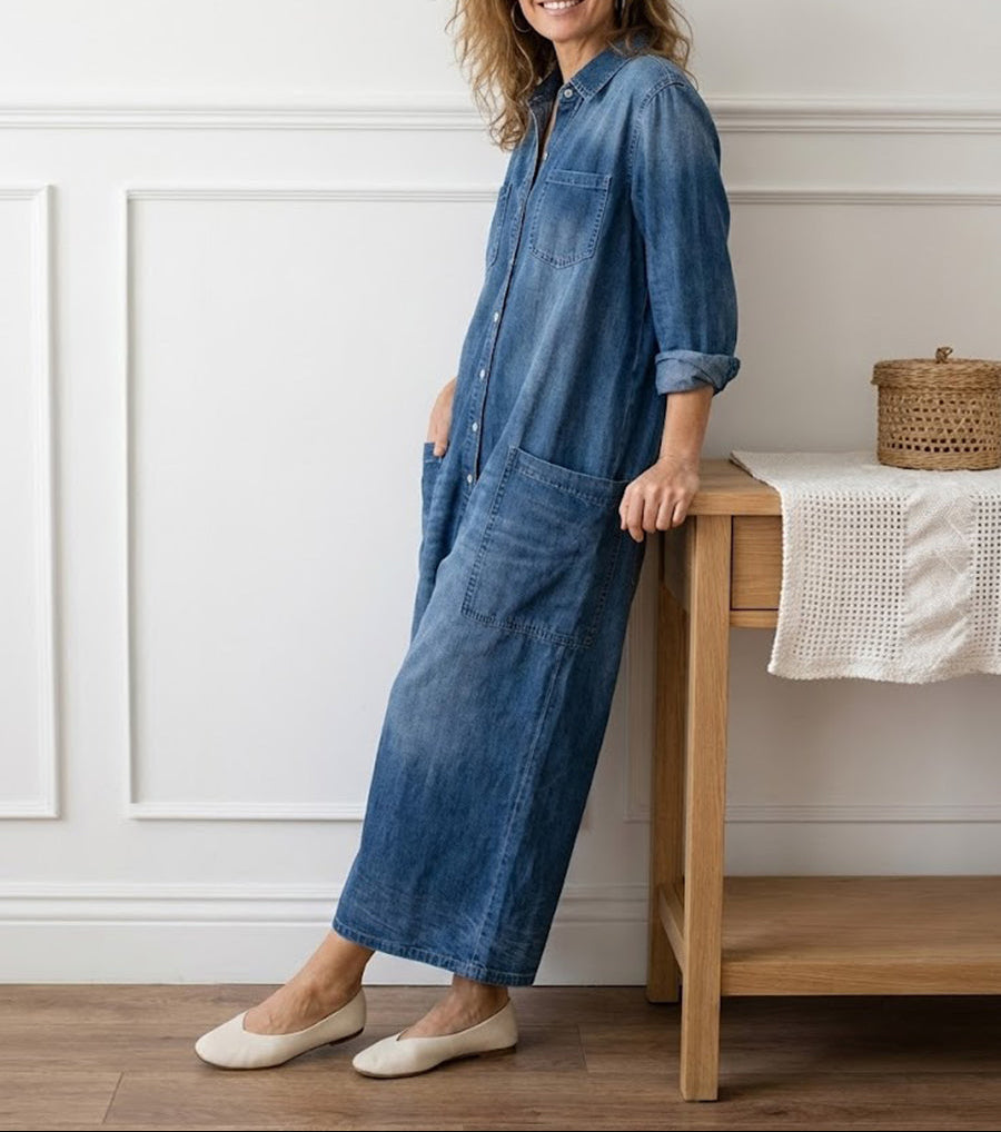 Saylor - Vintage Gewassen Zachte Katoenen Denim Jumpsuit met Knopsluiting