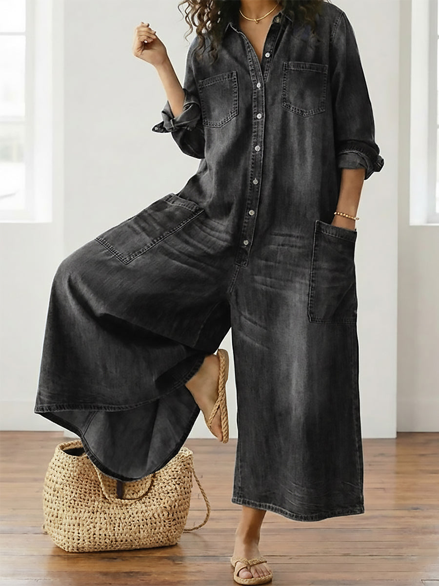 Saylor - Vintage Gewassen Zachte Katoenen Denim Jumpsuit met Knopsluiting