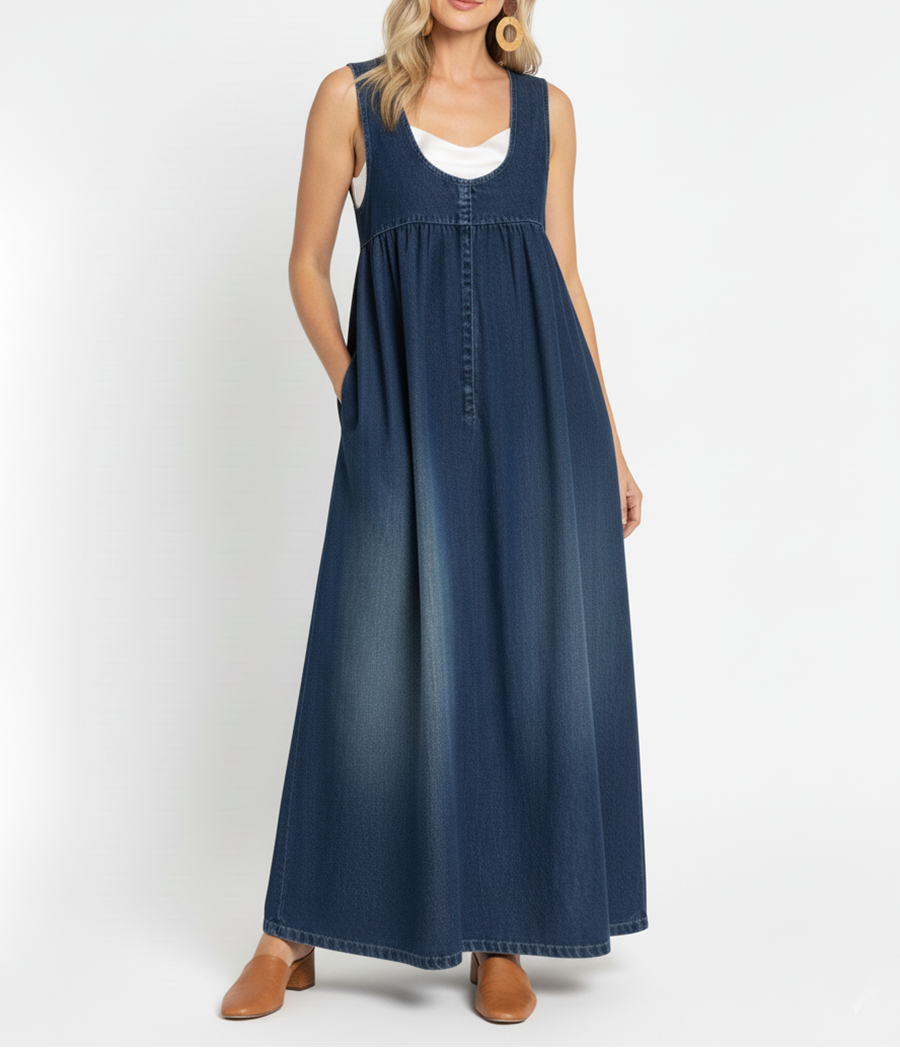 Miranda - Vintage Gewassen Zachte Katoen Voelen Denim Maxi Jurk