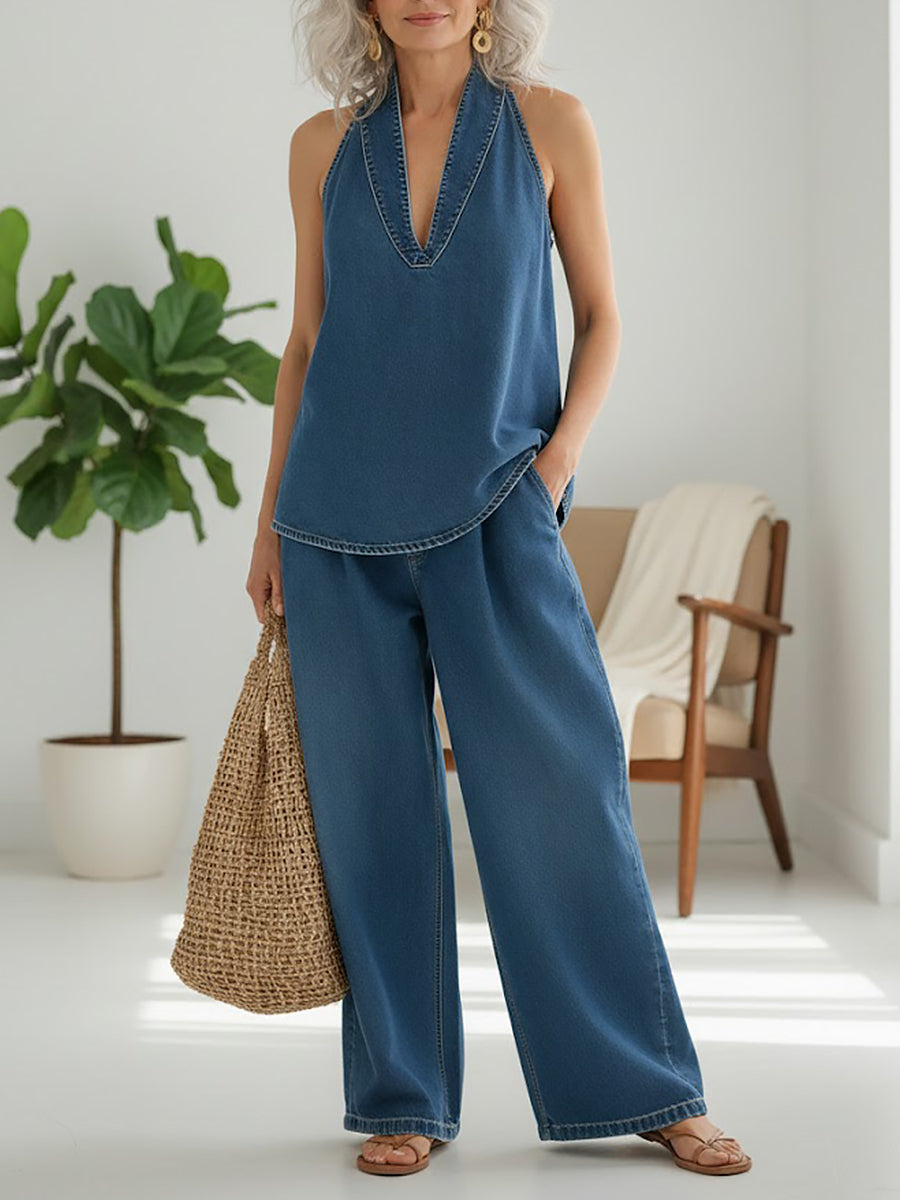 Saylor - Vintage Gewassen Zachte Denim-Look Twee-Delige Set