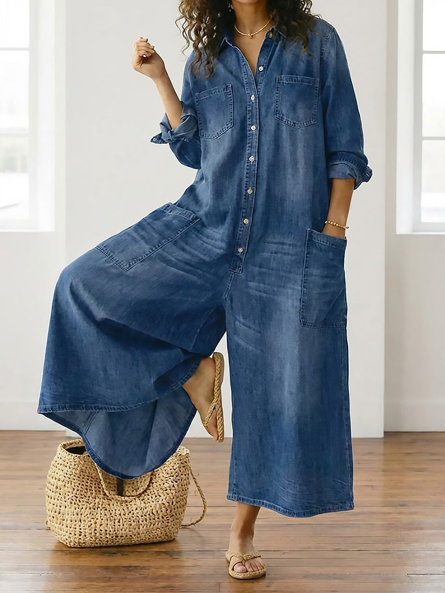 Saylor - Vintage Gewassen Zachte Katoenen Denim Jumpsuit met Knopsluiting