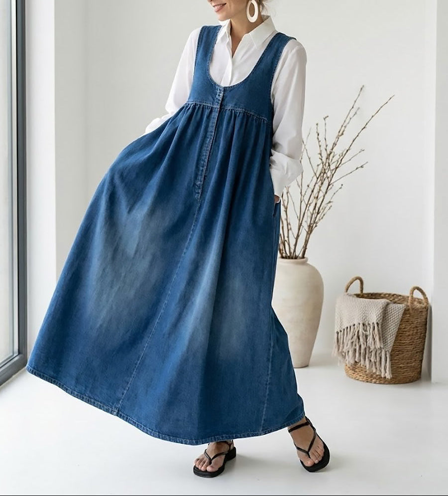 Miranda - Vintage Gewassen Zachte Katoen Voelen Denim Maxi Jurk