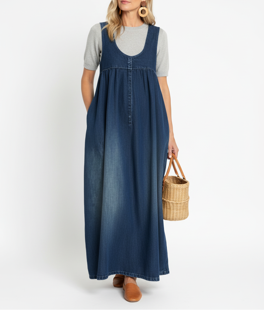 Miranda - Vintage Gewassen Zachte Katoen Voelen Denim Maxi Jurk