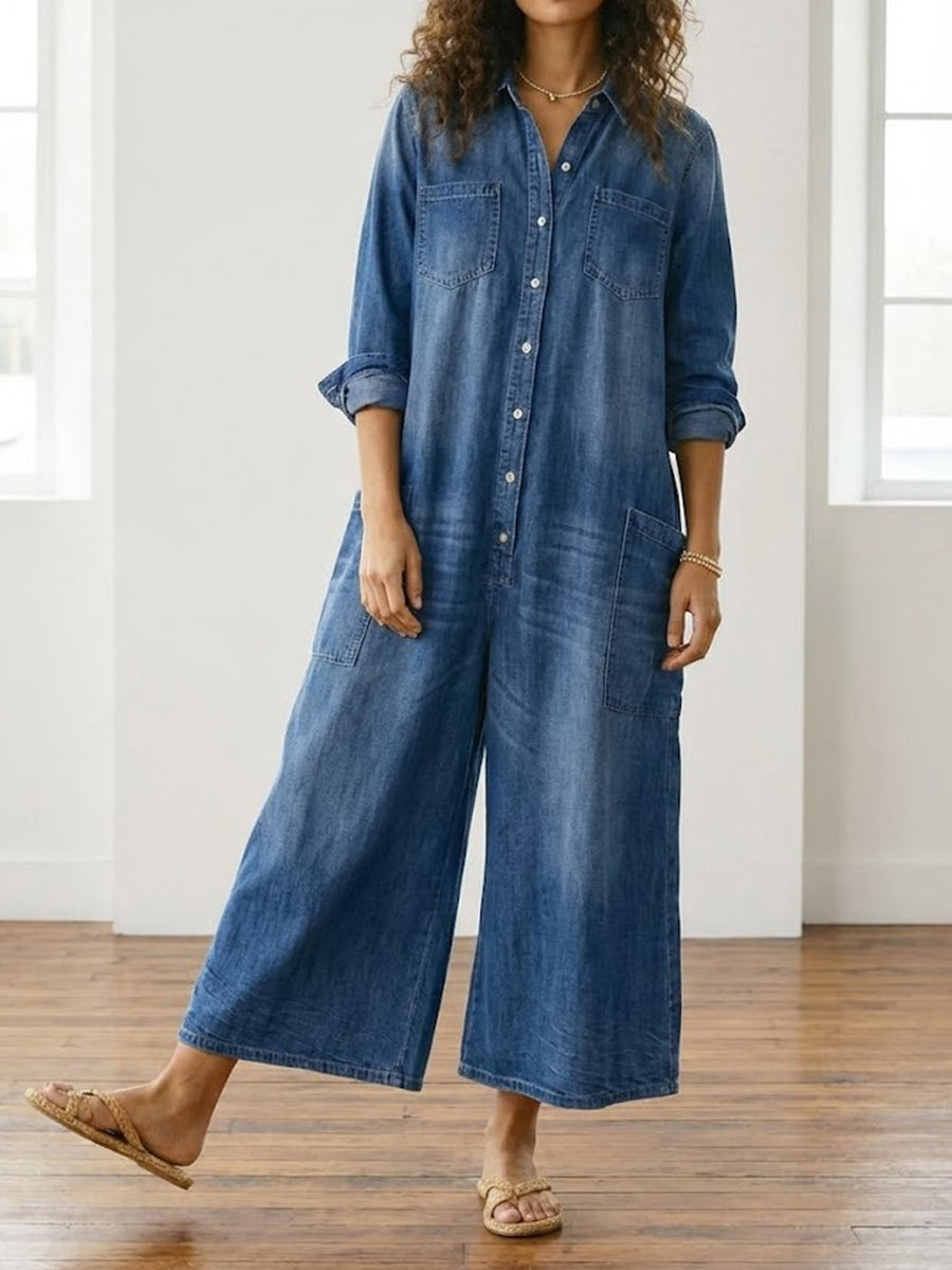 Saylor - Vintage Gewassen Zachte Katoenen Denim Jumpsuit met Knopsluiting