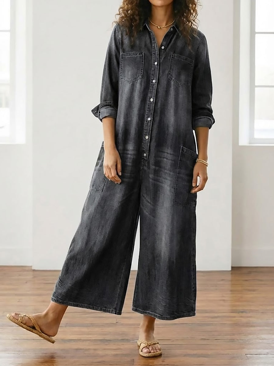 Saylor - Vintage Gewassen Zachte Katoenen Denim Jumpsuit met Knopsluiting