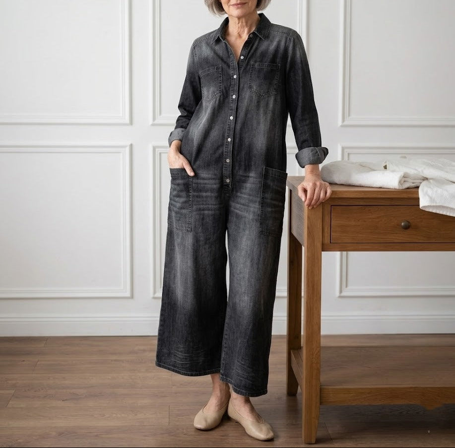 Saylor - Vintage Gewassen Zachte Katoenen Denim Jumpsuit met Knopsluiting