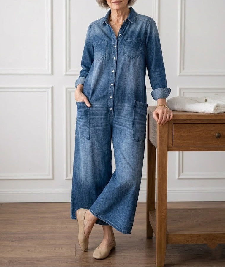 Saylor - Vintage Gewassen Zachte Katoenen Denim Jumpsuit met Knopsluiting